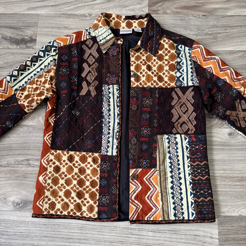 Chico's Brown Boho Patchwork Embroidered Button D… - image 3